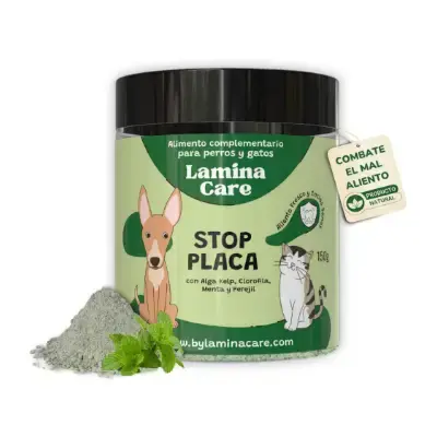 Productos Higiene para Perros Bichón Maltés 11 Lamina Care Polvo natural reduce placa sarro perros con clorofilina y alga