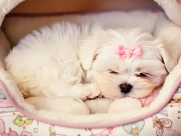 bichon maltes toy pelo corto blanco en camita